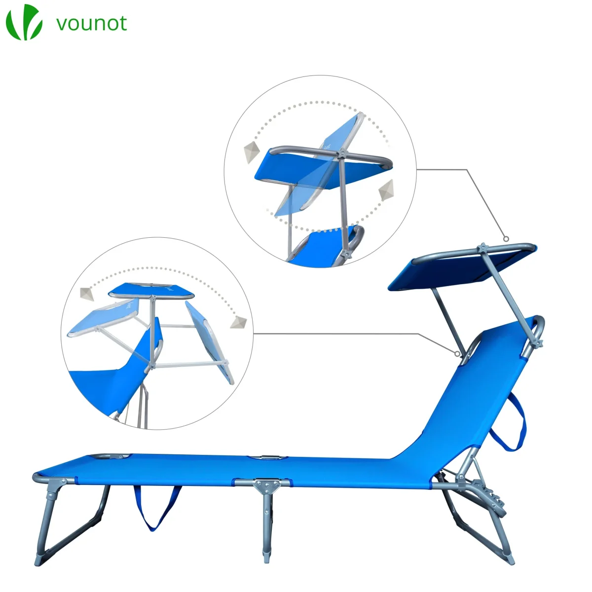 VOUNOT Set of 2 Folding Sun Loungers with Adjustable Backrest & Sunshade, Load 110 kg, Blue - Image 3