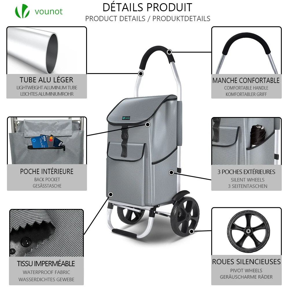 VOUNOT Folding Shopping Trolley with Detachable bag, 2 Mudguard wheels 55L Grey - Image 3