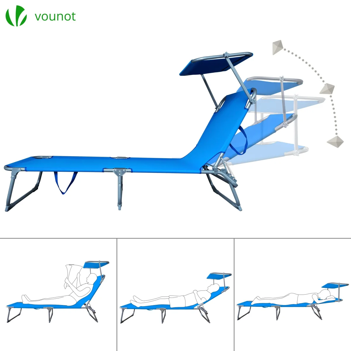 VOUNOT Set of 2 Folding Sun Loungers with Adjustable Backrest & Sunshade, Load 110 kg, Blue - Image 4