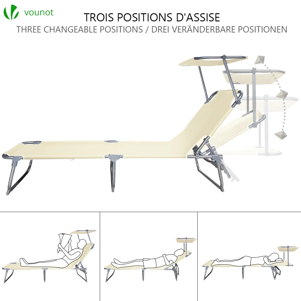 VOUNOT Folding Sun Loungers Set of 2, Sunbed with Adjustable Backrest & Sunshade, Beige - Image 4