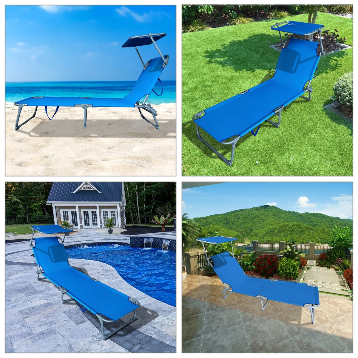 VOUNOT Set of 2 Folding Sun Loungers with Adjustable Backrest & Sunshade, Load 110 kg, Blue - Image 6