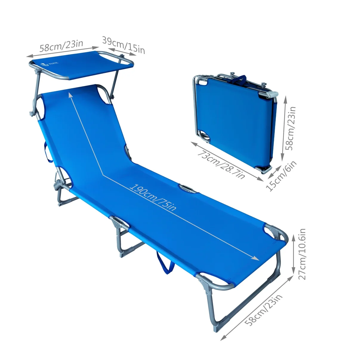 VOUNOT Set of 2 Folding Sun Loungers with Adjustable Backrest & Sunshade, Load 110 kg, Blue - Image 8