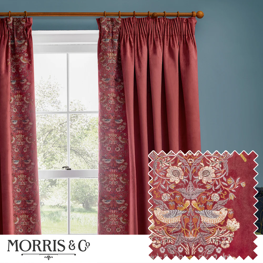 Strawberry Thief Embroidered Floral Velvet Pencil Pleat Curtains Berry