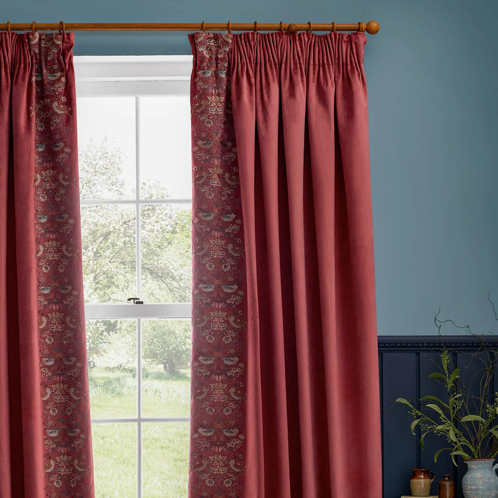 Strawberry Thief Embroidered Floral Velvet Pencil Pleat Curtains Berry - Image 4
