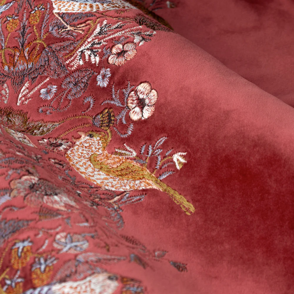 Strawberry Thief Embroidered Floral Velvet Pencil Pleat Curtains Berry - Image 7