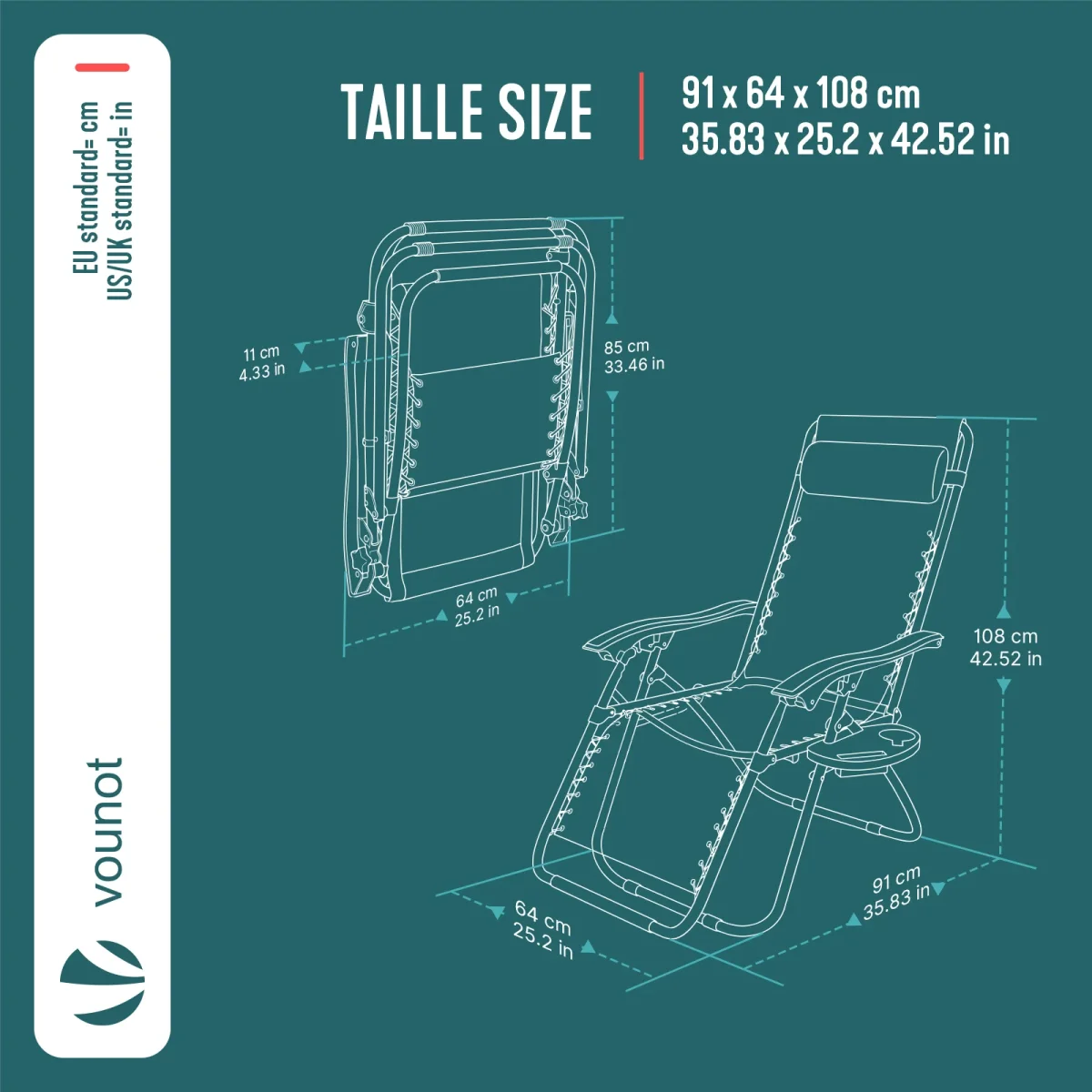 VOUNOT Zero Gravity Chairs, Garden Sun Loungers with Cup and Phone Holder, Black - Image 3