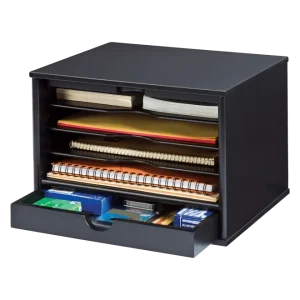 VICTOR® Desktop Organizer – Solid Wood Storage Unit with 4 Shelves, Large Drawer & Sliding Door, Ideal for Files and Office Supplies